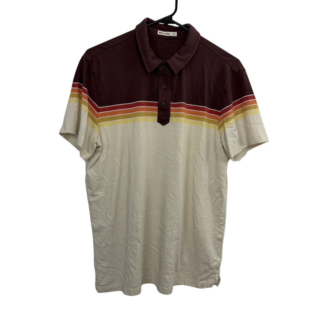 Marine Layer Polo Mens Medium Brown Retro Stripe Short Sleeve Cotton Blend Shirt